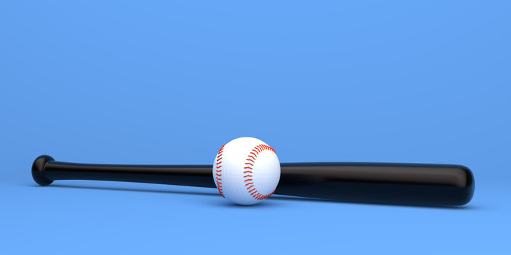 Baseball ball and baseball bat isolated on a pastel blue background. Minimal creative sports concept. 3D rendering illistration