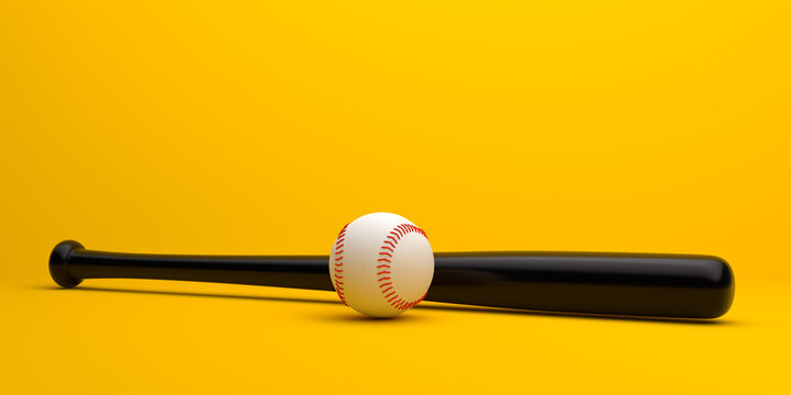 Baseball ball and baseball bat isolated on a pastel yellow background. Minimal creative sports concept. 3D rendering illistration