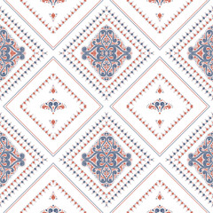 Blue and orange luxury seamless pattern with ornamental rhombus. Traditional Turkish, Indian motifs. Great for fabric and textile, wallpaper, packaging or any desired idea.