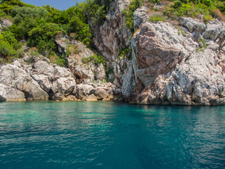 Rocky shores and blue Adriatic sea near the town of Budva, Montenegro