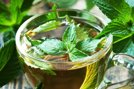 Close-up cup of mint tea with herbs