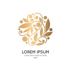 Beautiful logo with golden leaves in a circle shape. Vector template with organic elements. Can be used for emblem and monogram. Great for invitation, menu, brochure, background or any desired idea.