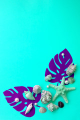Fototapeta premium Vertical creative layout made of monstera leaves and seashells with copy space