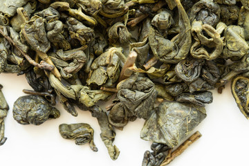 Green tea background texture. Green tea background or texture. Macro of dried green tea background texture. 