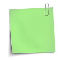Vector paper mockup of light green note attached by metallic paper clip to white background
