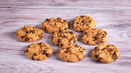 Cookies with chocolate closeup. Homemade cookies. Pile of cookies.