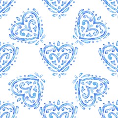 Hand drawn watercolor heart ornament, blue seamless pattern, vintage repeating background.