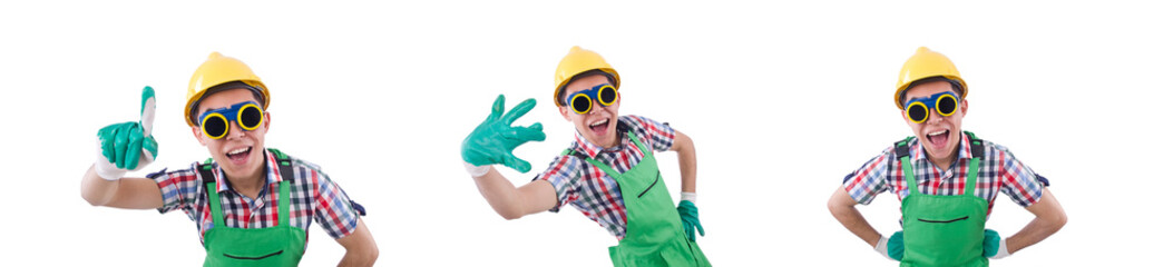 Funny construction worker isolated on white