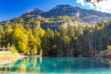Nature park Blausee or blue lake in Kandersteg, Switzerland, autum color with clear water