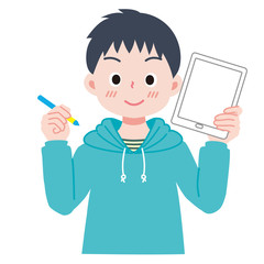 男の子とタブレット端末のイラスト