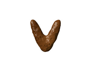 letter V of shit or dirt isolated on white - bad smell brown alphabet, 3D illustration of symbols