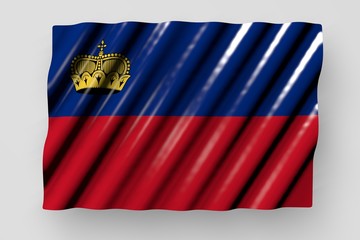 Naklejka premium cute any holiday flag 3d illustration. - shining flag of Liechtenstein with large folds lying isolated on grey