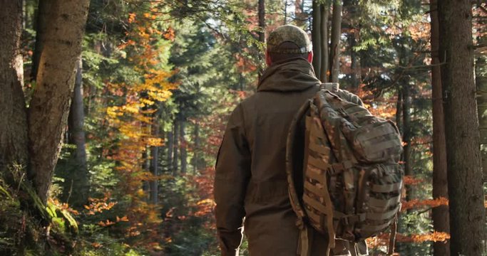 The Forestman goes down Pine colorful Forest in Camouflage Uniform. He has Backpack and Comfortable Clothes. Bright Sunrise illuminating deep Wood. Hunter. Male Tourist. Nature Protector
