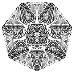 Oriental kaleidoscope black and white. Pattern coloring for adults. Hand drawn illustration. - Vector