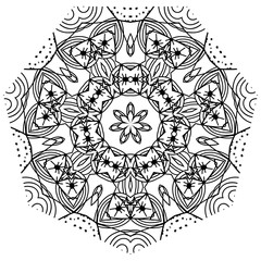 Mandala black and white. Oriental pattern coloring for adults. Hand drawn illustration. - Vector