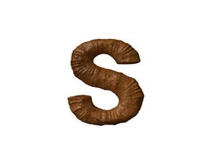 Brown mud or poo font - letter S isolated on white background, 3D illustration of symbols