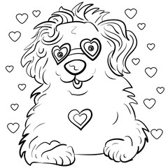 Bobtail dog surrounded by small and large hearts. Dog created in black and white colors.