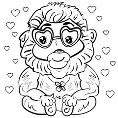 Romantic monkey with decoration of four-leaf clover and glasses for Valentine's Day. Coloring page or book for children and adults. Vector illustration. - Vector