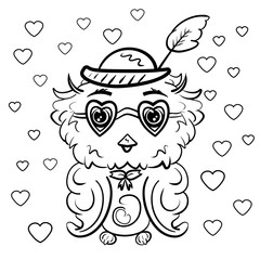 Owl in a hat with a feather and glasses in the shape of hearts. Coloring for children and adults. Valentine's Day. Feast of Love. Vector illustration. - Vector