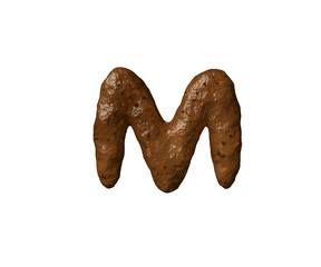letter M of poo or dirt isolated on white - bad smell brown alphabet, 3D illustration of symbols