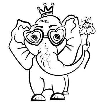 Elephant in the crown and with a flower and glasses in the shape of hearts. Isolated object. African animal for coloring. Valentine's Day. Feast of Love. Vector illustration. - Vector