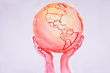 Global warming. Illustration of the planet with yellow and red colors in human hands. Canada, USA, Mexico and South America on globe. Watercolor drawing on white paper. Save the earth concept.