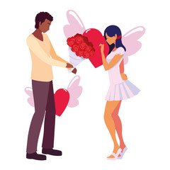 couple romantic flowers heart love wings