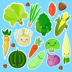 A set of kawaii stickers or patches with - vegetables - tomatoes, cucumbers, potatoes, beets, carrots on a white and blue backgroun.