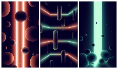 Abstract futuristic backgrounds with neon lights and lines in dark space, gradients orange and green spectrum vibrant colors, Retro vector illustrations cyberpunk space style of 80s and 90s