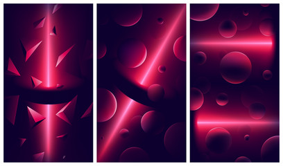 Atmospheric vector backgrounds with red lights and reflections on geometric shapes, cyberpunk space with neon lights, abstract space, futuristic illustrations
