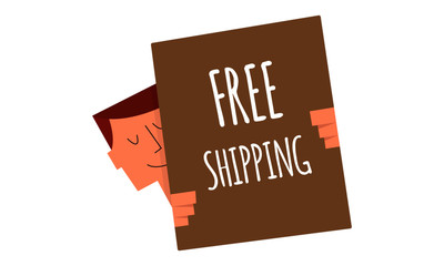Free shipping sign on a board vector illustration. Man holding a sign "Free shipping". Business and Digital marketing concept for website and banners promotions.