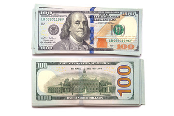 Isolated Heap of 100 US dollars bills background. One hundred. USA note. Both front and back sides....