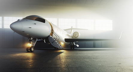White business private jet airplane parked at aircraft hangar. Luxury tourism and business travel transportation concept. 3d rendering