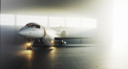 Business private jet airplane parked at terminal. Luxury tourism and business travel transportation concept. 3d rendering