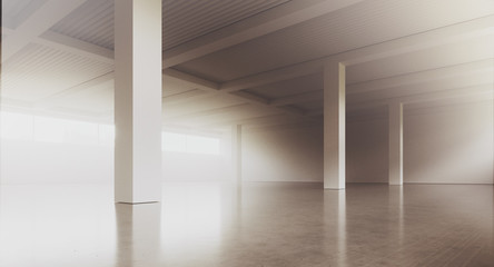 Empty loft style office building corridor with white concrete walls and floor. Concept of interior design and architecture. 3d rendering.