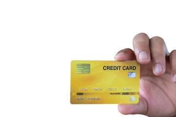 closeup of yellow credit holded card by hand isolated on white background.