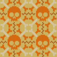 Skull and Bones. Knitted seamless woolen pattern in beige shades