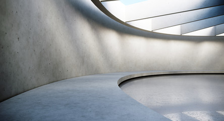 Contemporary and futuristic empty interior with natural light on concret wall and reflections on the floor. Concept of interior design and architecture. 3d rendering.