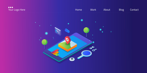 Obraz premium Local seo, digital marketing, searching ecommerce store on mobile, with icons and text, vector web banner.