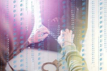 Computer privacy attack. Hackers programmer look on screen and forcibly writes the program code...