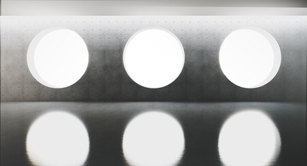 Contemporary and futuristic interior with round window in center of concret wall and reflections on the floor. Concept of interior design and architecture. 3d rendering.