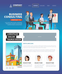 Business landing. Project management web page layout marketing startup project people team speaking vector landing design. Business consulting, project marketing and management development