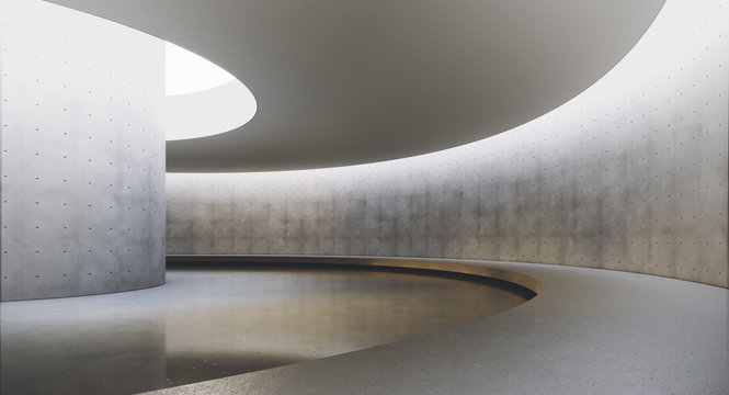 Modern and futuristic empty light interior with concret wall and reflections on the floor. Concept of interior design and architecture. 3d rendering.