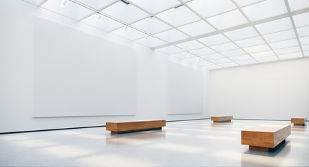 Gallery interior with blank picture frames spot lights and natural sunlights. 3d rendering.