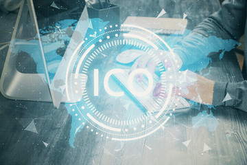 Blockchain theme hud with businessman working on computer on background. Concept of crypto chain....
