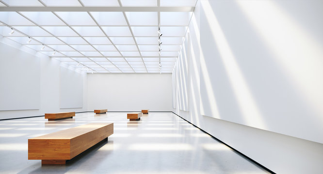 Gallery interior with blank picture frames spot lights and natural sunlights. 3d rendering.