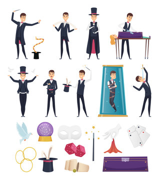 Magician. Show performer in costume and items cards rabbit in hat magic handkerchiefs wand cards steel deck vector cartoons. Showman illusionist, magician performing show, performer illustration
