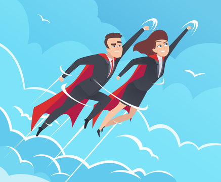 Business superheroes background. Male in action poses powerful teamwork heroes flying in sky vector business pictures. Teamwork superhero, brave and flying, leader man and woman illustration