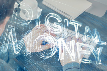 Blockchain theme hud with businessman working on computer on background. Concept of crypto chain. Multi exposure.