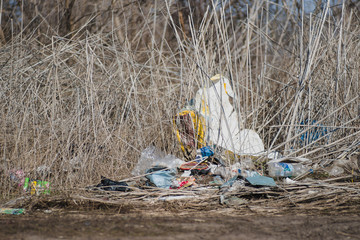 Trash on the agriculture field. Ecology problem and big harm to nature.